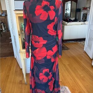 Chic Black and Red Floral Long Sleeve Rouched Dress